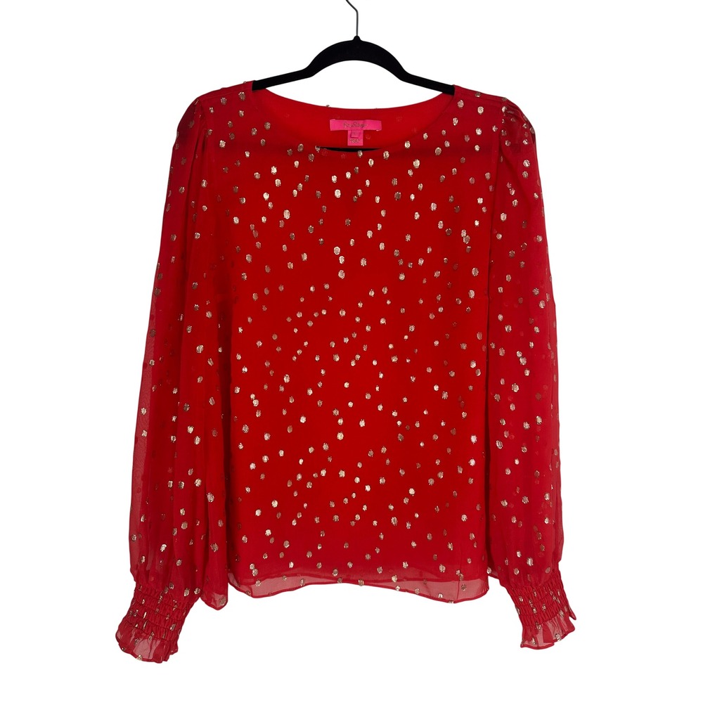 Lilly Pulitzer Red Silk Gold Metallic Clip Dot Blouse Large Sheer Holiday